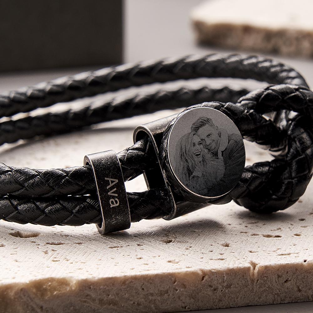 Pulsera Con Foto De Cuero Retro Para Hombre Con 2-5 Nombres Regalos Personalizados Con Foto De Apellido Para Papá Regalos Del Día Del Padre - soufeeles