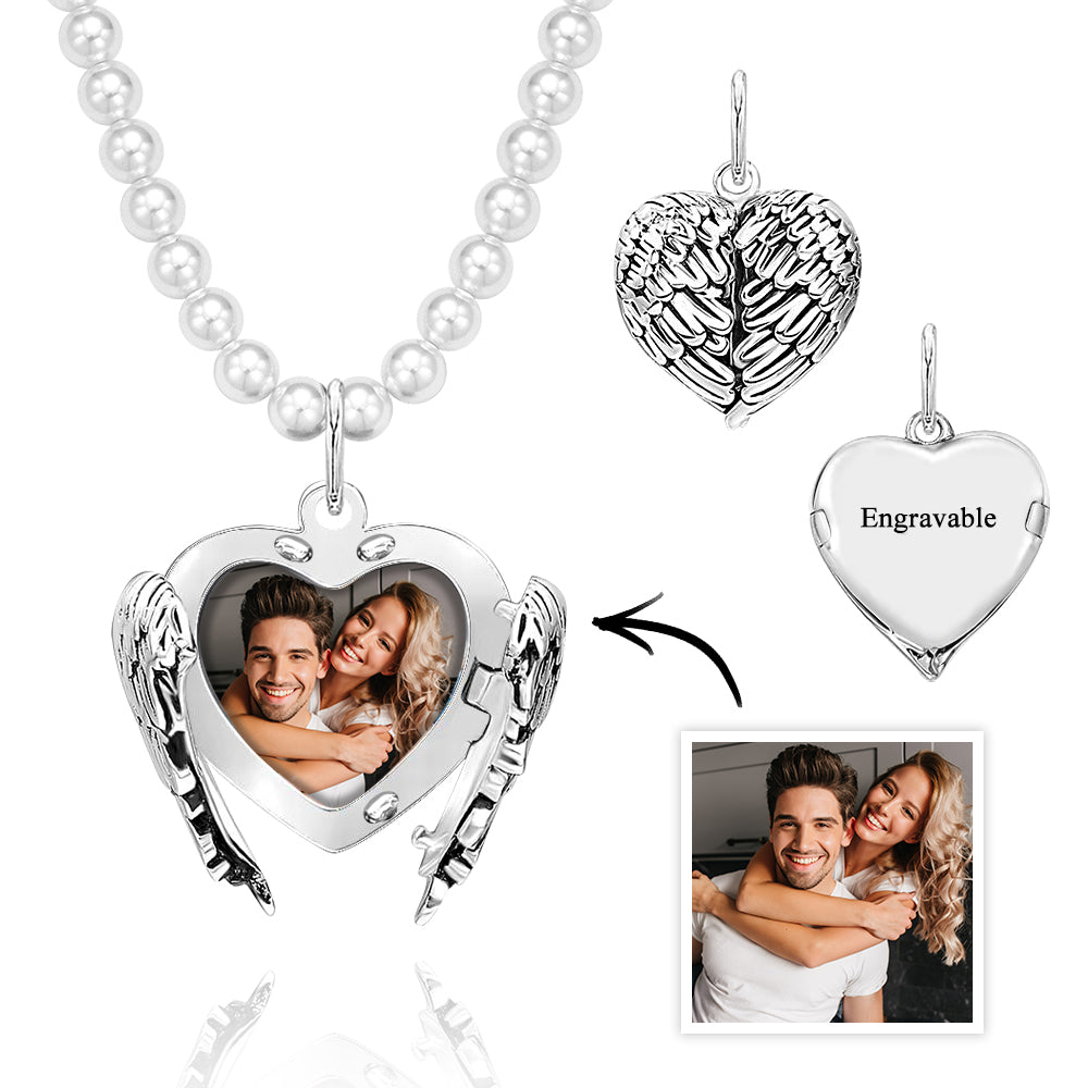 Collar Con Foto Personalizado Alas De Ángel Perla Regalo De Pareja - soufeeles