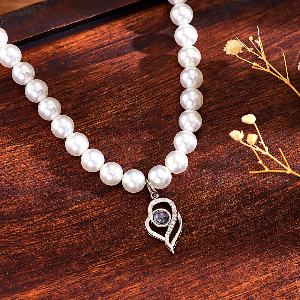 Collar De Proyección Personalizado Regalo De Perlas De Doble Corazón Para Ella - soufeeles