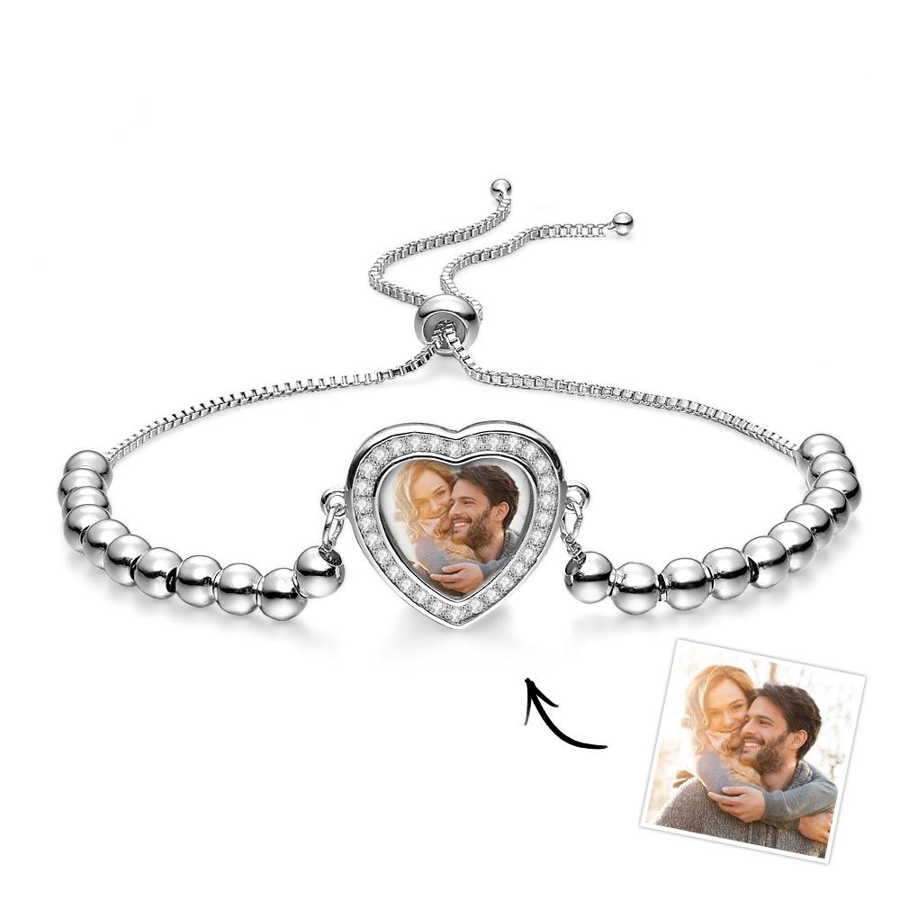 Pulsera Con Foto Personalizada, Cuentas Personalizadas, Colgante De Circonita En Forma De Corazón, Pulsera Ajustable, Regalos Para Mujeres - soufeeles