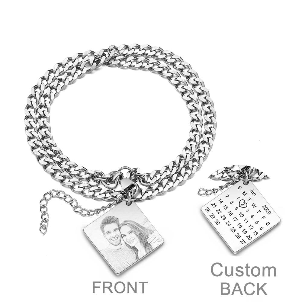 Pulsera Con Fecha Grabada Con Foto Personalizada, Calendario Personalizado, Pulsera De Cadena Doble, Regalo Para Hombres