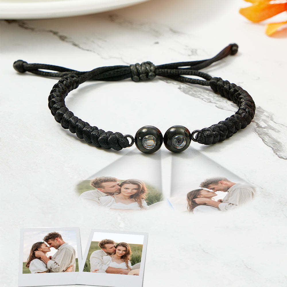 Pulsera De Tejido De Proyección Con Doble Colgante Personalizada, Pulsera Con Foto Personalizada, Regalo Para Pareja Y Familia - soufeeles