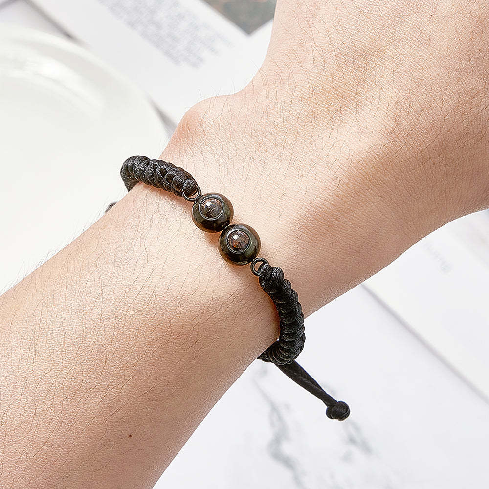 Pulsera De Tejido De Proyección Con Doble Colgante Personalizada, Pulsera Con Foto Personalizada, Regalo Para Pareja Y Familia - soufeeles