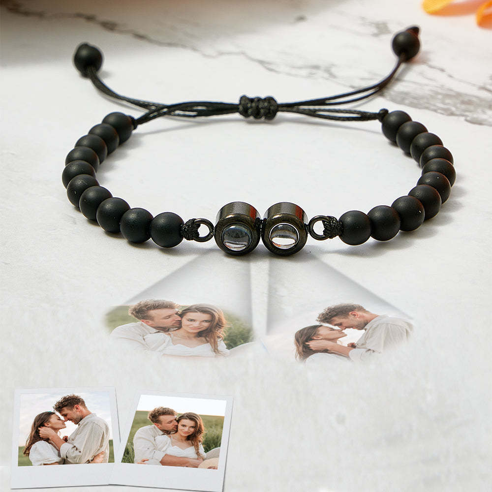 Pulsera De Cuentas De Proyección Con Doble Colgante Personalizada, Pulsera Con Foto Personalizada, Regalo Para Pareja Y Familia - soufeeles