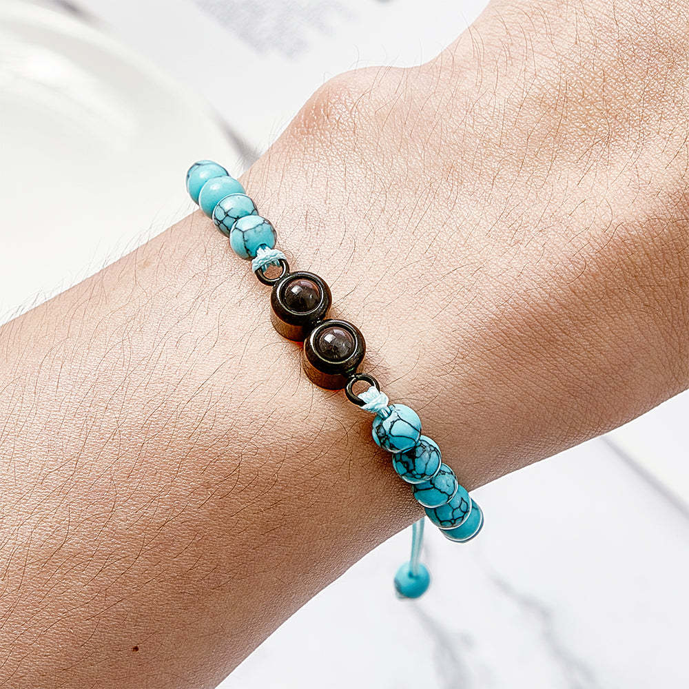 Pulsera De Cuentas De Proyección Con Doble Colgante Personalizada, Pulsera Con Foto Personalizada, Regalo Para Pareja Y Familia - soufeeles