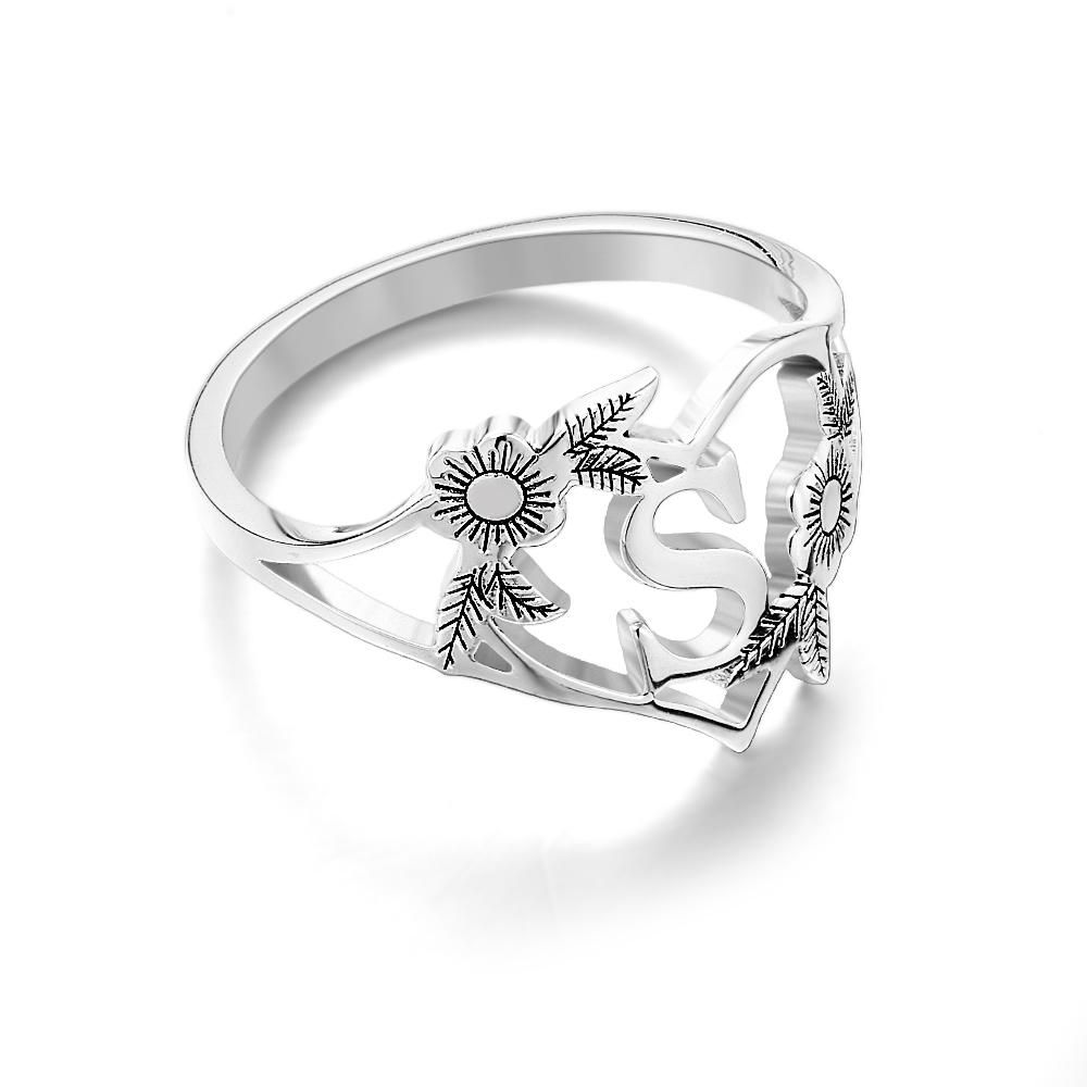 Anillos Personalizados Con Letras Iniciales, Corazón Y Flores, Anillo Con Letras Delicadas Personalizadas, Regalo Personalizado Para Ella - soufeeles