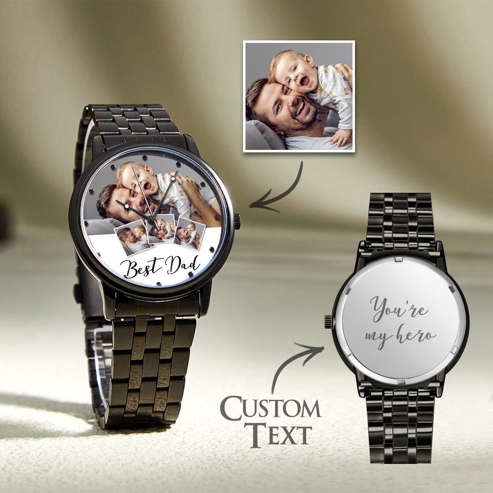 Reloj Con Foto Grabada Personalizada, Pulsera De Aleación Negra Para Hombre, Reloj Con Foto, Regalos Para El Día Del Padre Para Papá - soufeeles