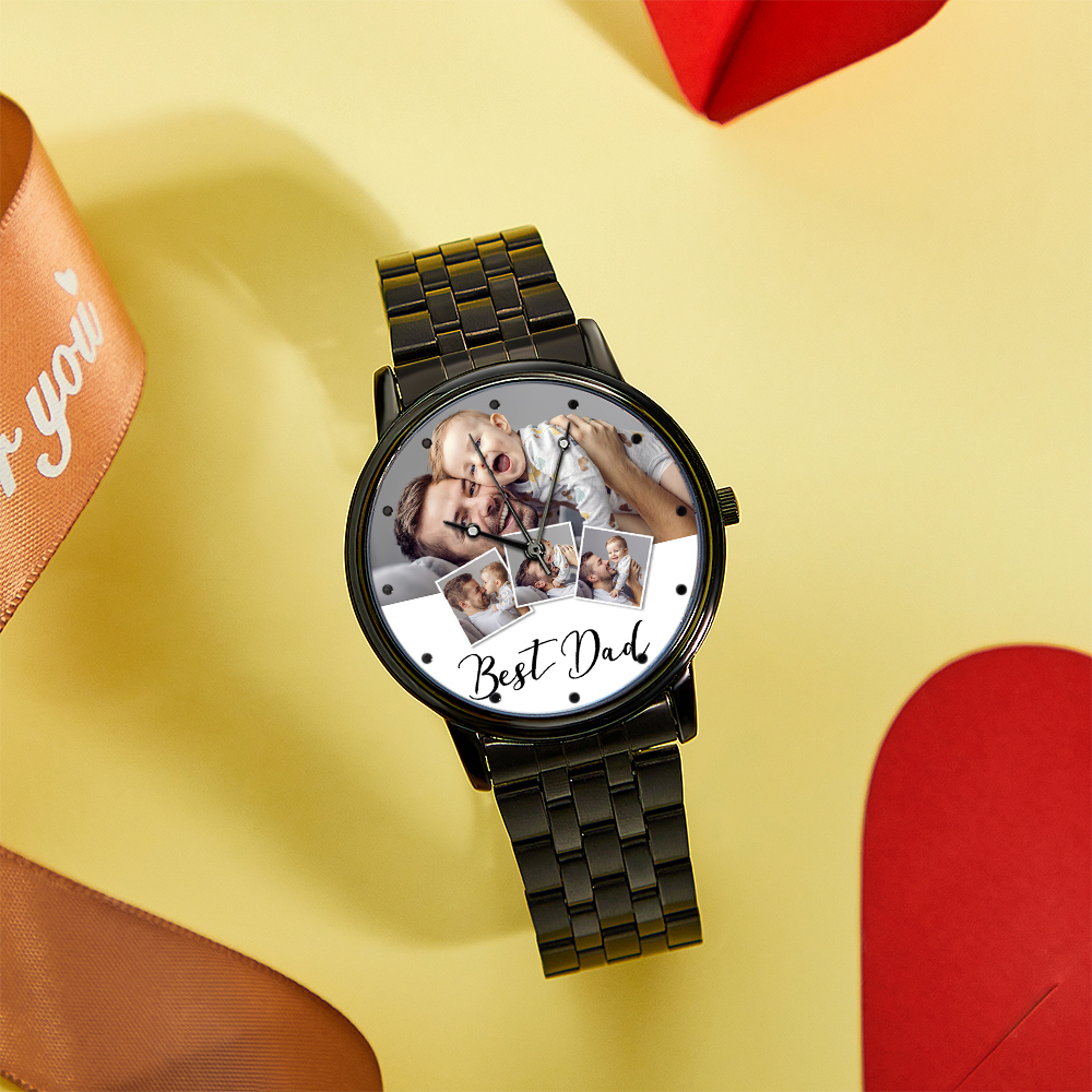 Reloj Con Foto Grabada Personalizada, Pulsera De Aleación Negra Para Hombre, Reloj Con Foto, Regalos Para El Día Del Padre Para Papá - soufeeles