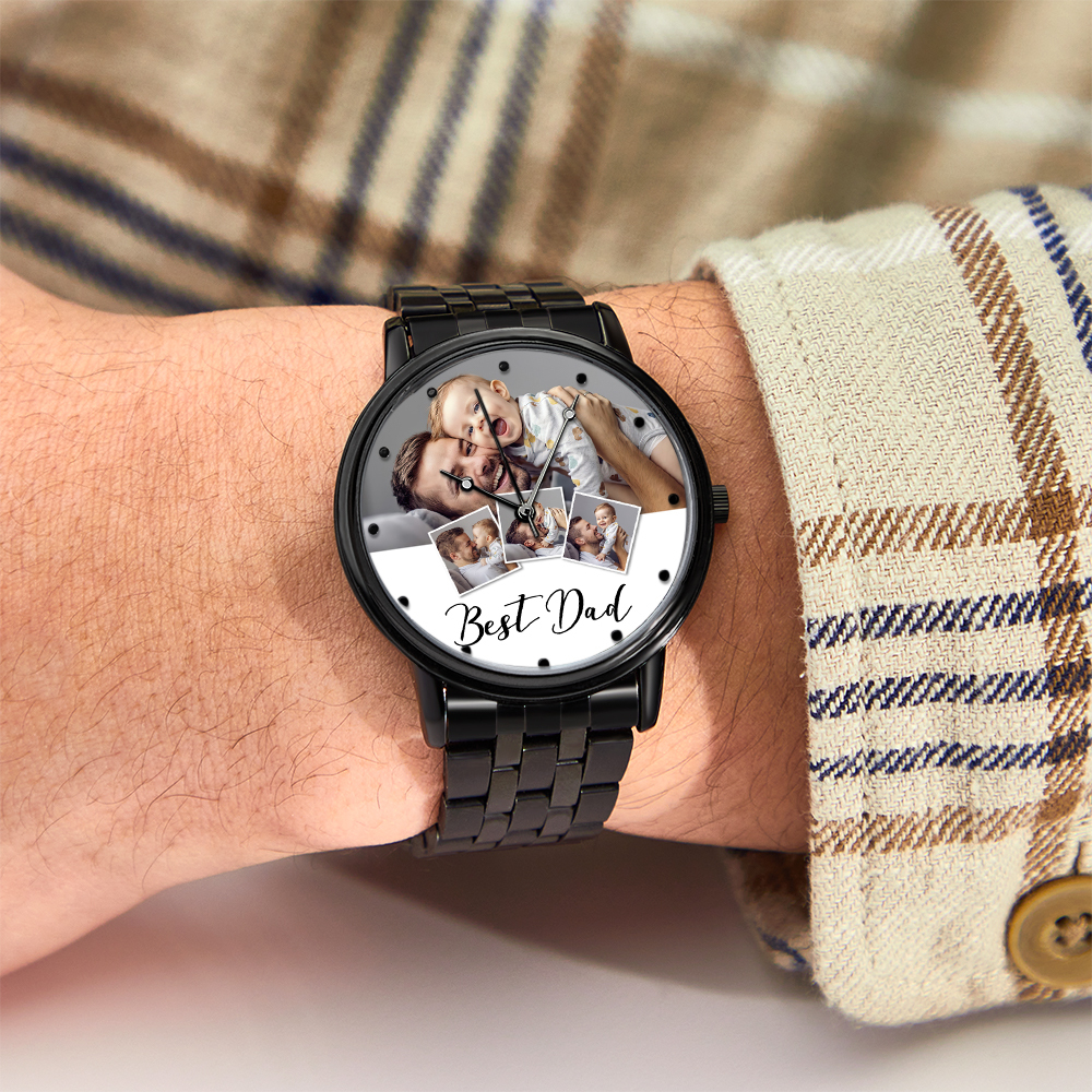 Reloj Con Foto Grabada Personalizada, Pulsera De Aleación Negra Para Hombre, Reloj Con Foto, Regalos Para El Día Del Padre Para Papá - soufeeles