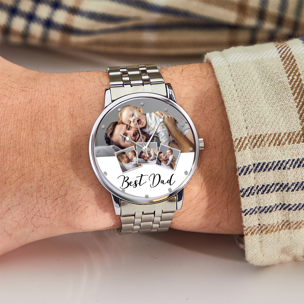 Reloj Con Foto Grabada Personalizada, Pulsera De Aleación Negra Para Hombre, Reloj Con Foto, Regalos Para El Día Del Padre Para Papá - soufeeles