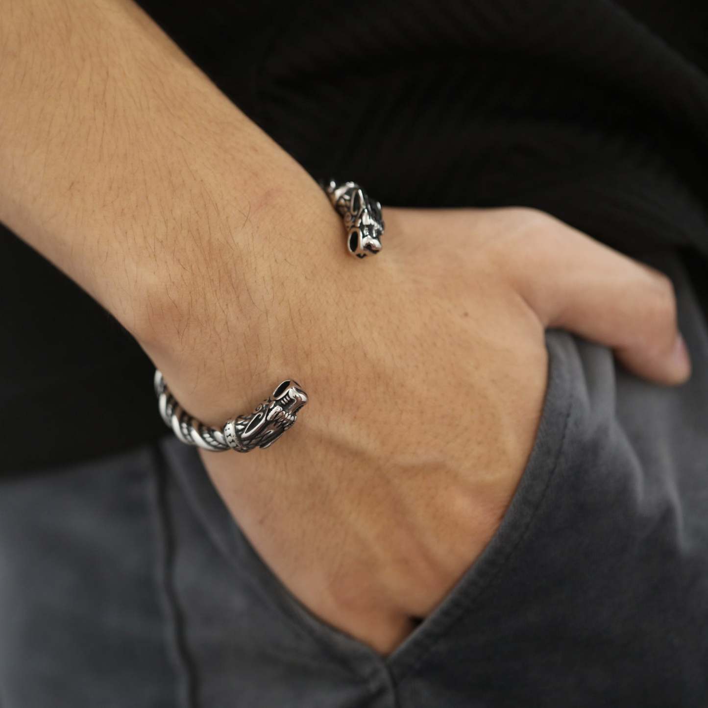 Pulsera Abierta Retro Vikinga Para Hombre, Joyería Con Cabeza De Dragón Dominante - soufeeles
