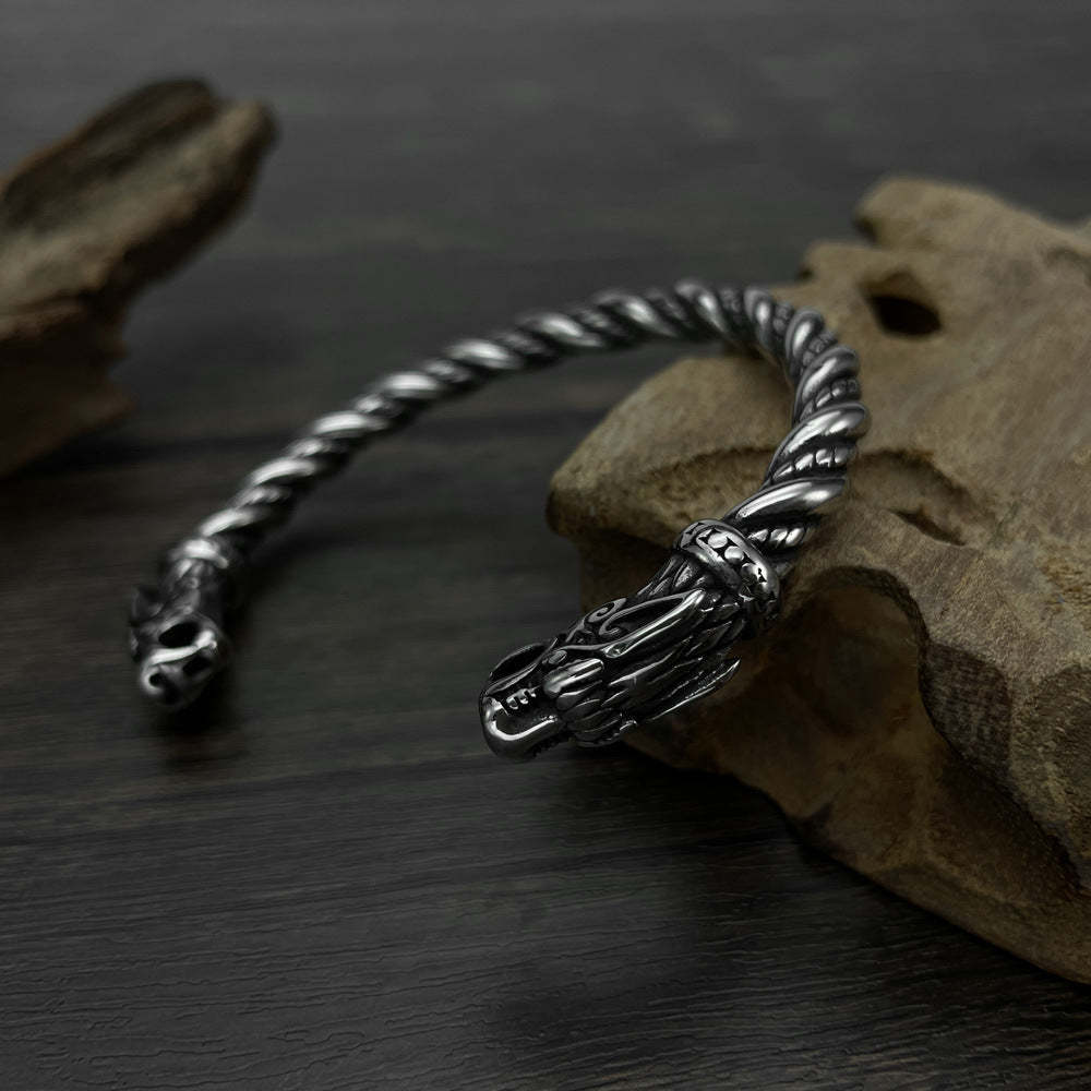 Pulsera Abierta Retro Vikinga Para Hombre, Joyería Con Cabeza De Dragón Dominante - soufeeles