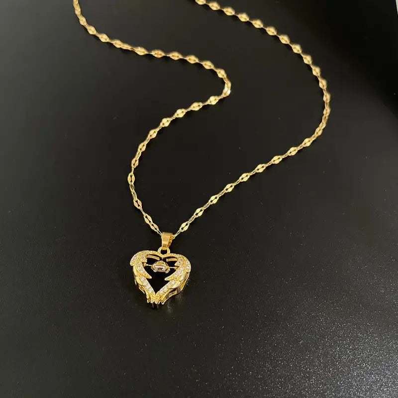 Collar De Corazón De Amor Elegante Regalo De Diamantes Con Alas - soufeeles