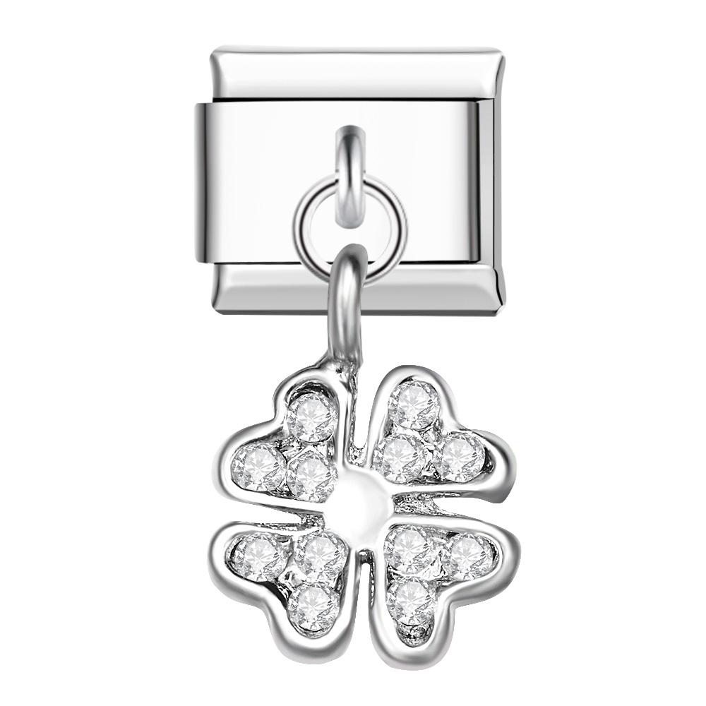 Charm Italiano Trébol De Cuatro Hojas En Platino Para Pulseras Italianas Charm Composable Link - soufeeles