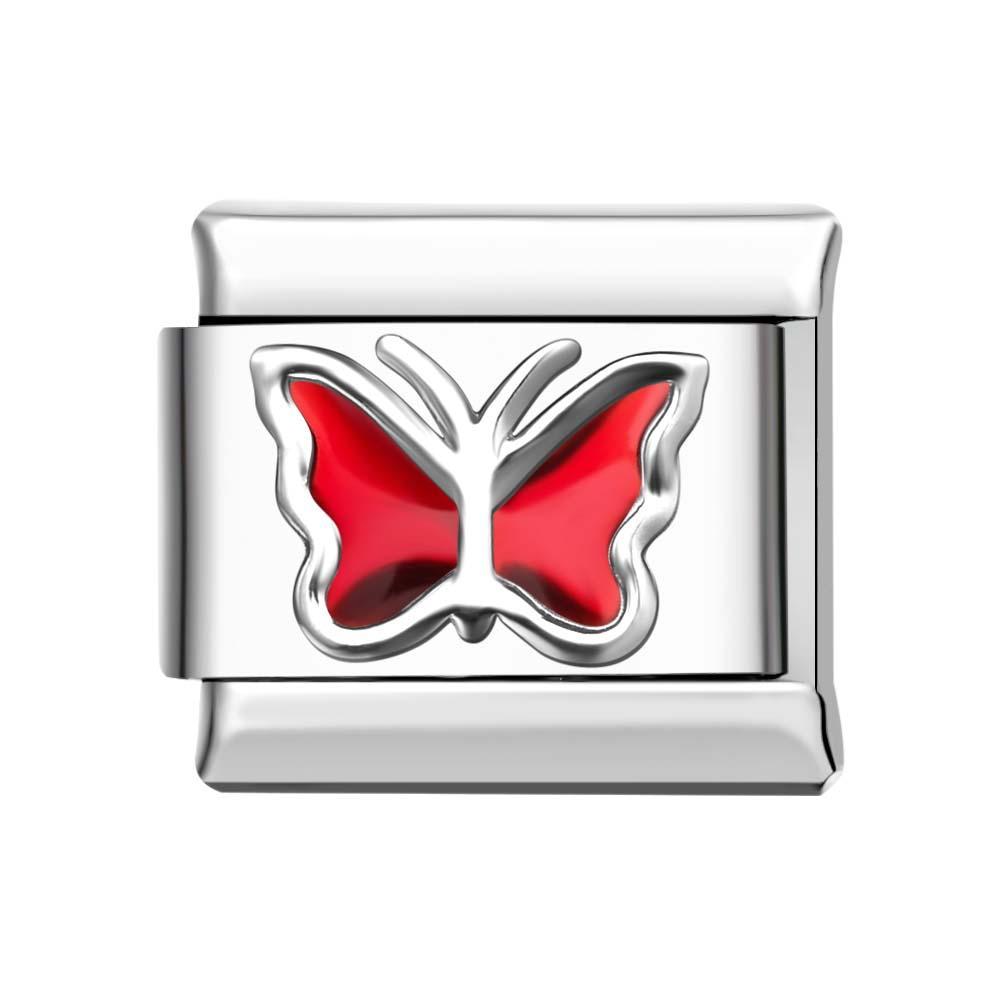 Borde De Plata Mariposa - Charm Italiano Rojo Para Pulseras Italianas Charm Composable Link - soufeeles