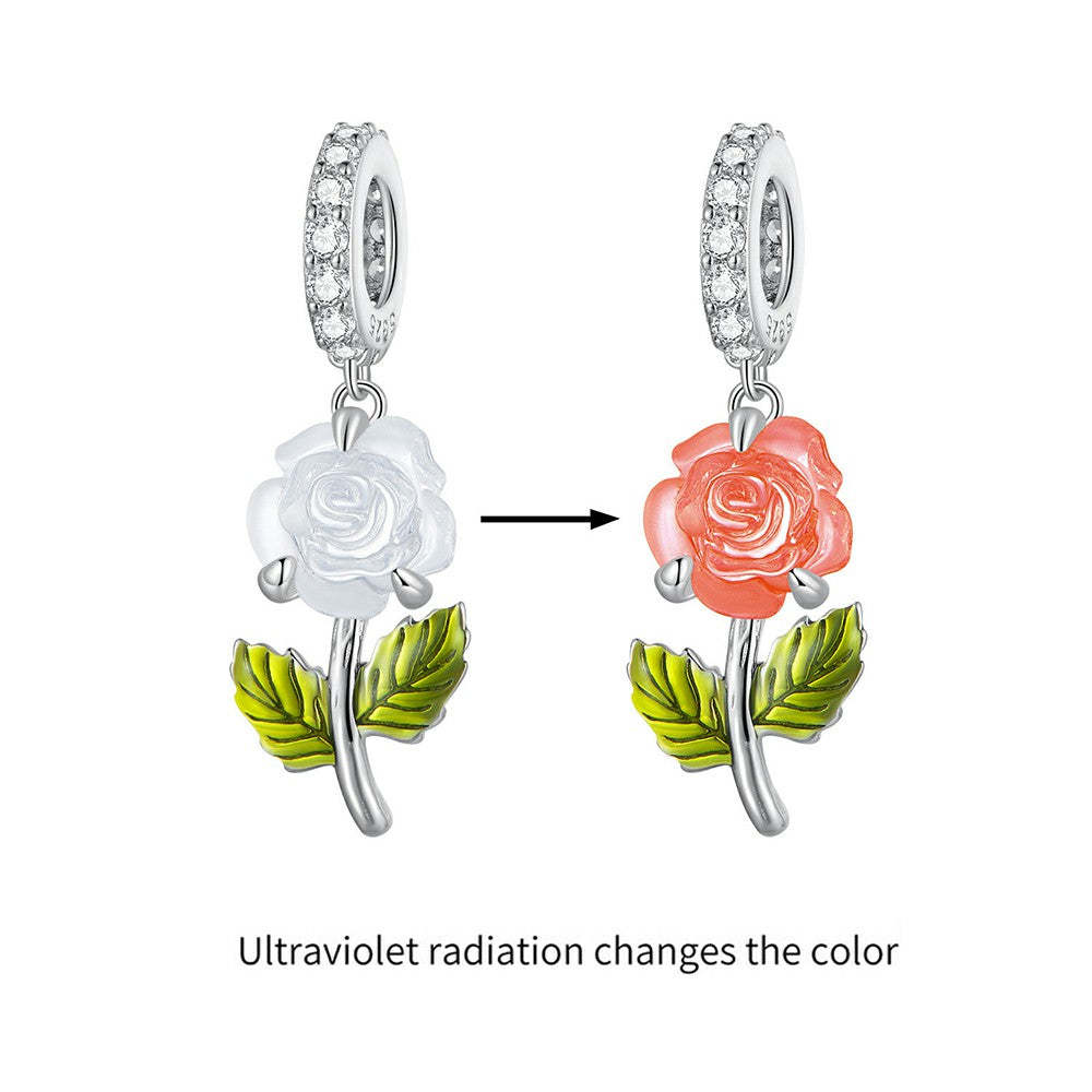 temperature discoloration crystal orange rose dangle charm 925 sterling silver yb2268