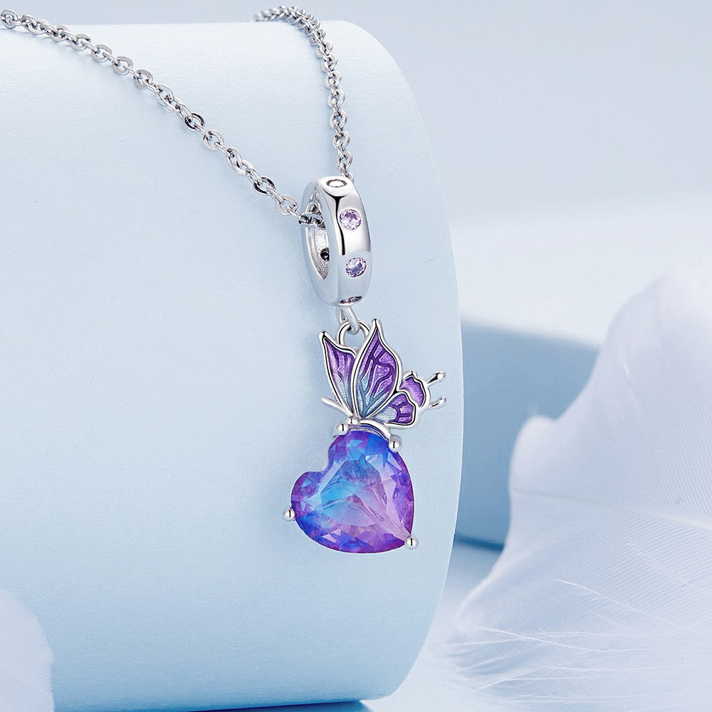 ciondolo pendente farfalla con cuore viola in argento sterling 925 yb2294