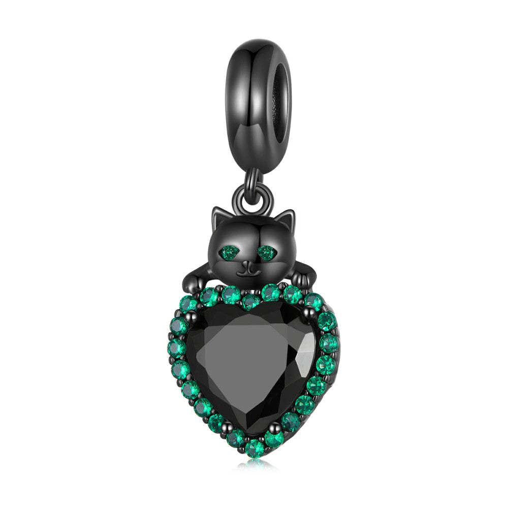black cat with green heart dangle charm 925 sterling silver yb2380