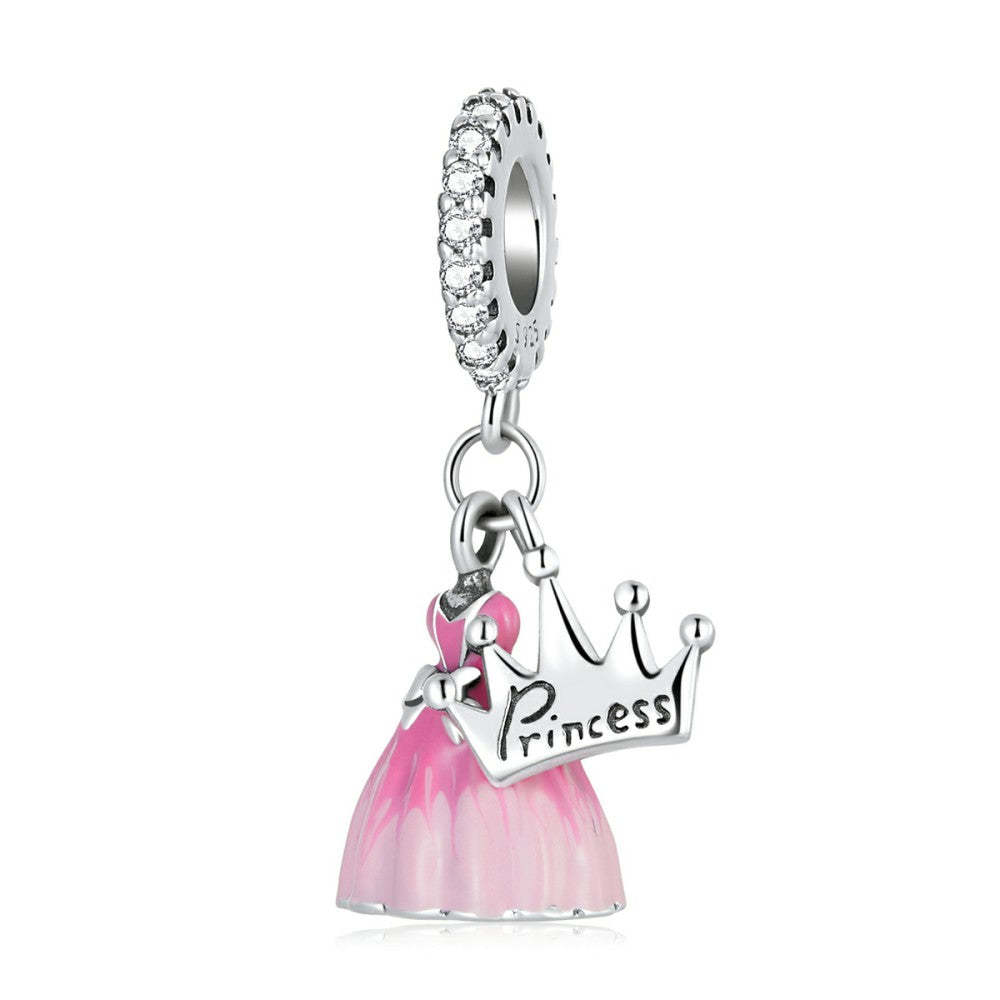 princess dress crown dangle charm 925 sterling silver yb2538