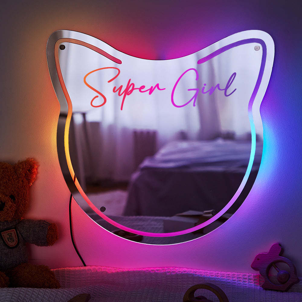 Nombre Personalizado Espejo Luz Gato Luces Coloridas Regalo Para El Hogar - soufeeles