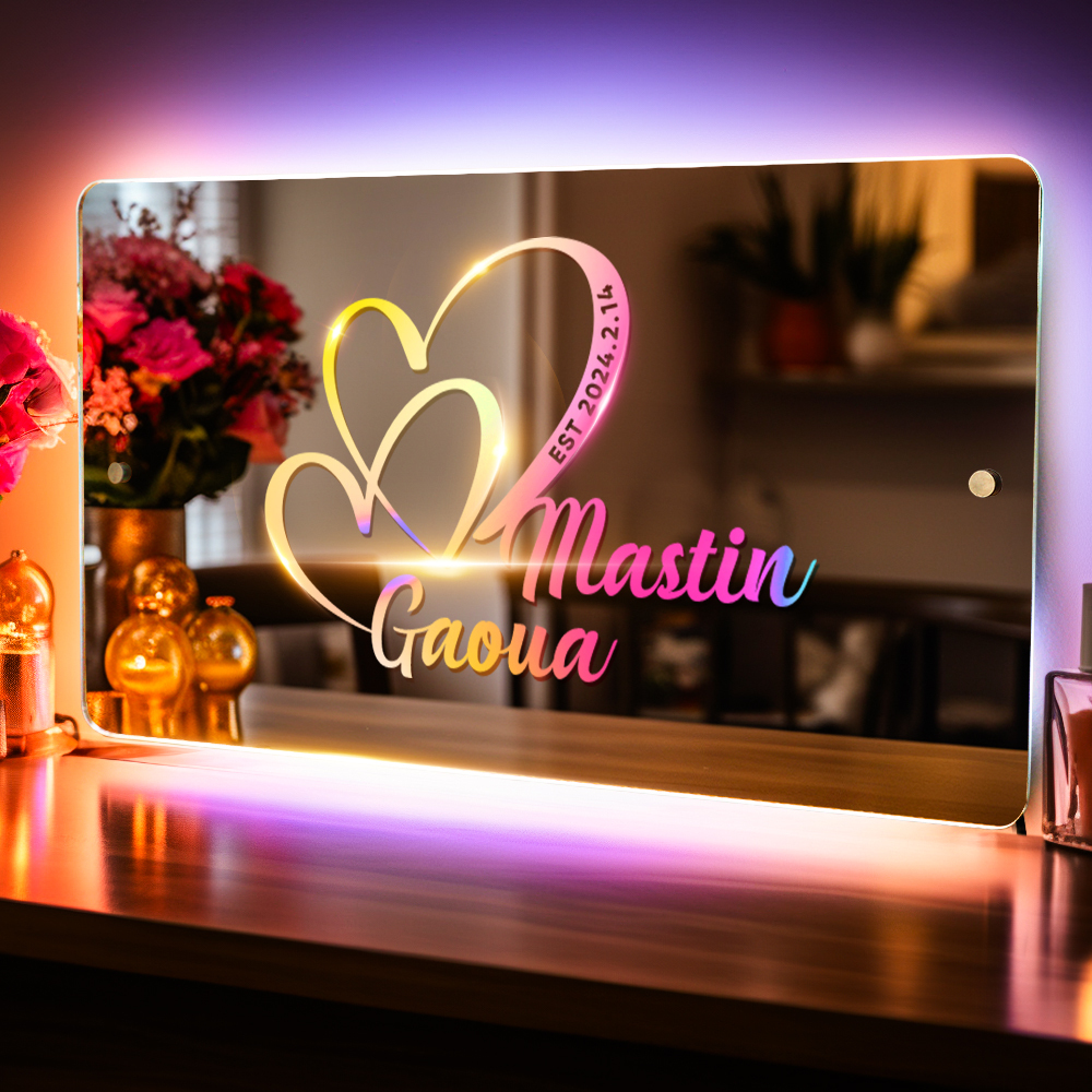 Nombre Personalizado Signo De Espejo Texto Personalizado Led Luz Multicolor, Signo De Corazón Con Nombres Y Fecha Regalo De Aniversario Para Pareja - soufeeles