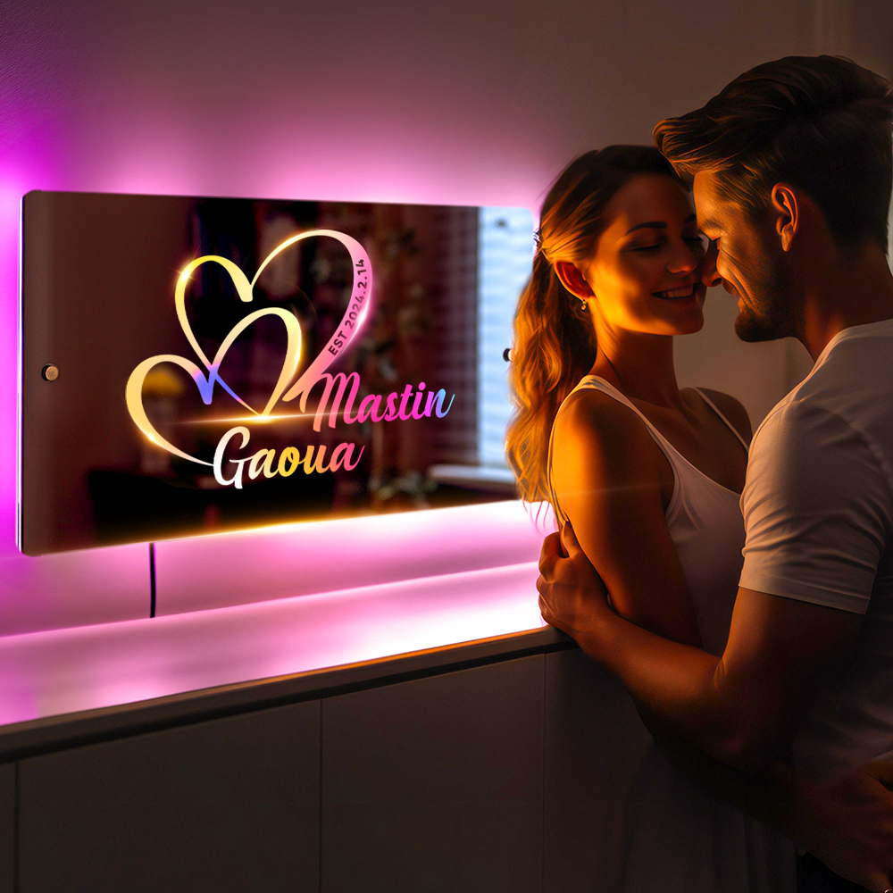 Nombre Personalizado Signo De Espejo Texto Personalizado Led Luz Multicolor, Signo De Corazón Con Nombres Y Fecha Regalo De Aniversario Para Pareja - soufeeles