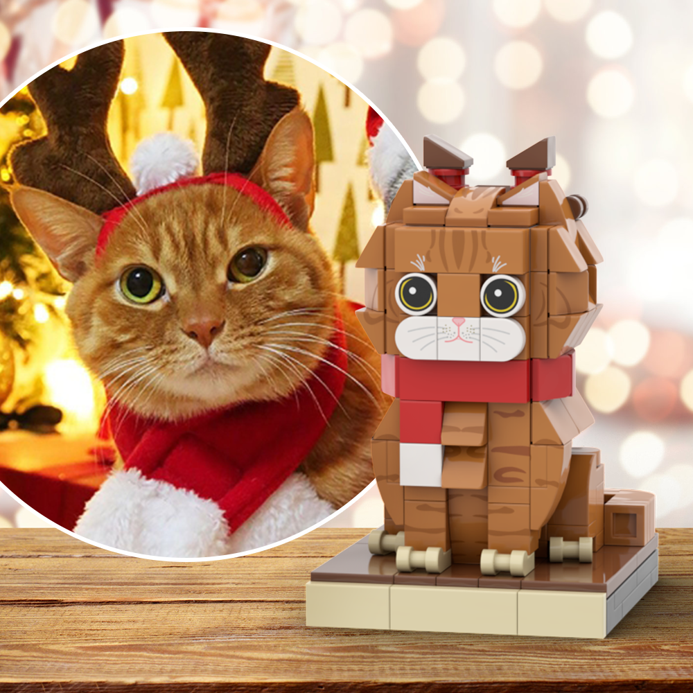 Gato Navideño Con Bufanda Y Accesorios De Reno, Totalmente Personalizable, 1 Gato, Foto Personalizada De Gato Navideño, Figuras De Ladrillo Personalizadas, Bloque De Partículas Pequeño, Solo Gato Personalizado - soufeeles
