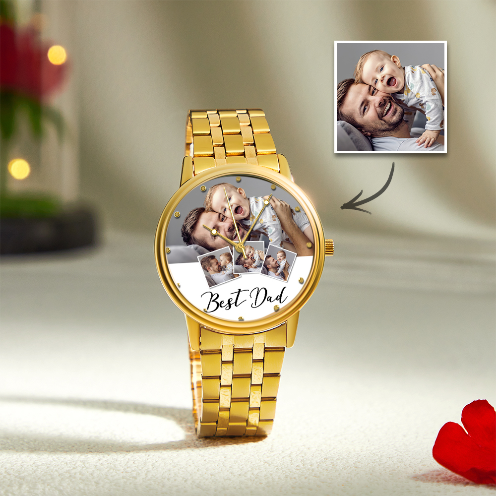 Reloj Con Foto Grabada Personalizada, Pulsera De Aleación Negra Para Hombre, Reloj Con Foto, Regalos Para El Día Del Padre Para Papá - soufeeles