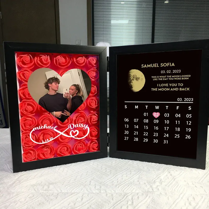 Signo De Infinito Con Nombres, Marco De Flores Personalizado Con Calendario De Aniversario De Fase Luna Real - soufeeles
