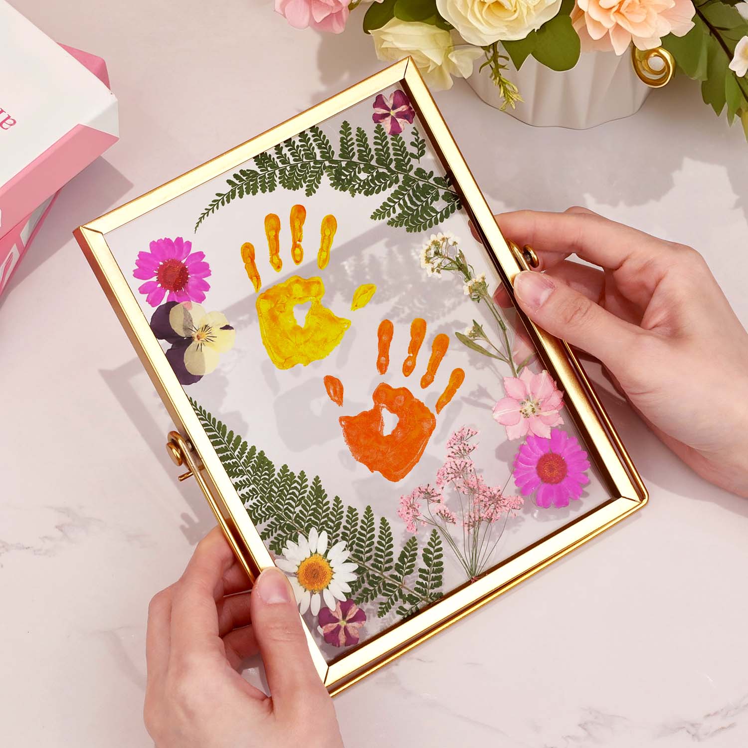 Cadre D'empreinte De Main De Fleurs Séchées À Faire Soi-même, Cadre En Métal, Ornements De Fleurs Séchées, Spécimen De Plante En Verre, Cadeaux De Fête Des Mères
