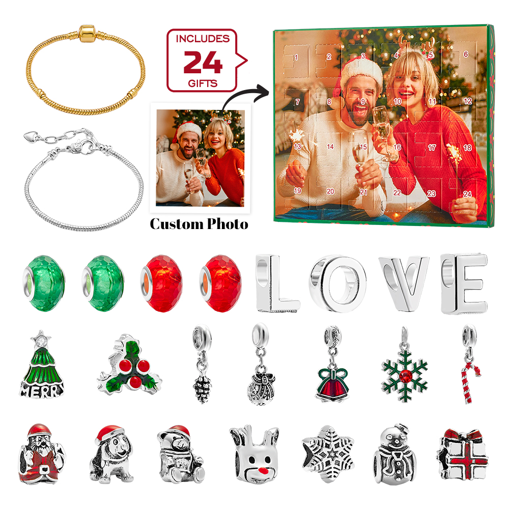 Bijoux Photo Personnalisés Calendrier De L'avent Charme Photo Surprise Boîte Aveugle Bracelet 24 Calendrier Compte À Rebours Boîte Cadeau Bracelet Pour Noël