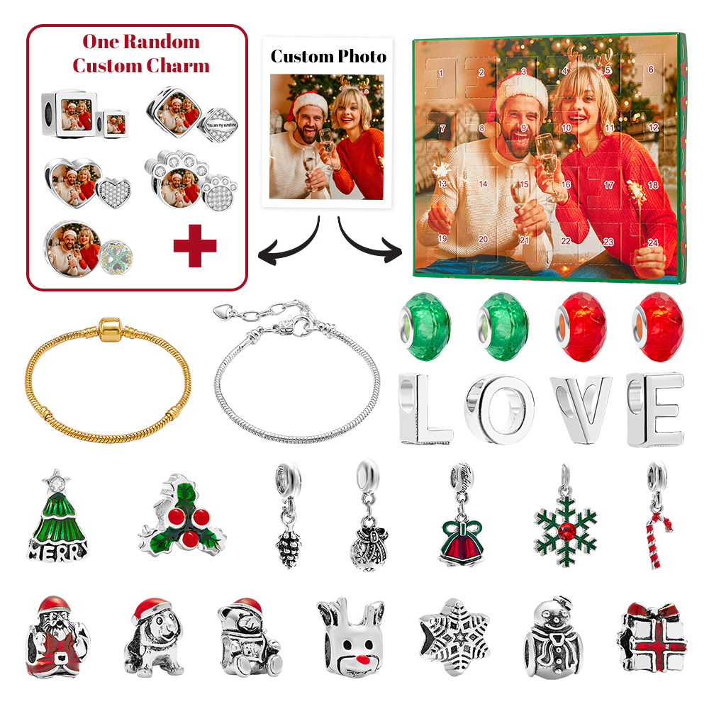 Bijoux Photo Personnalisés Calendrier De L'avent Charme Photo Surprise Boîte Aveugle Bracelet 24 Calendrier Compte À Rebours Boîte Cadeau Bracelet Pour Noël