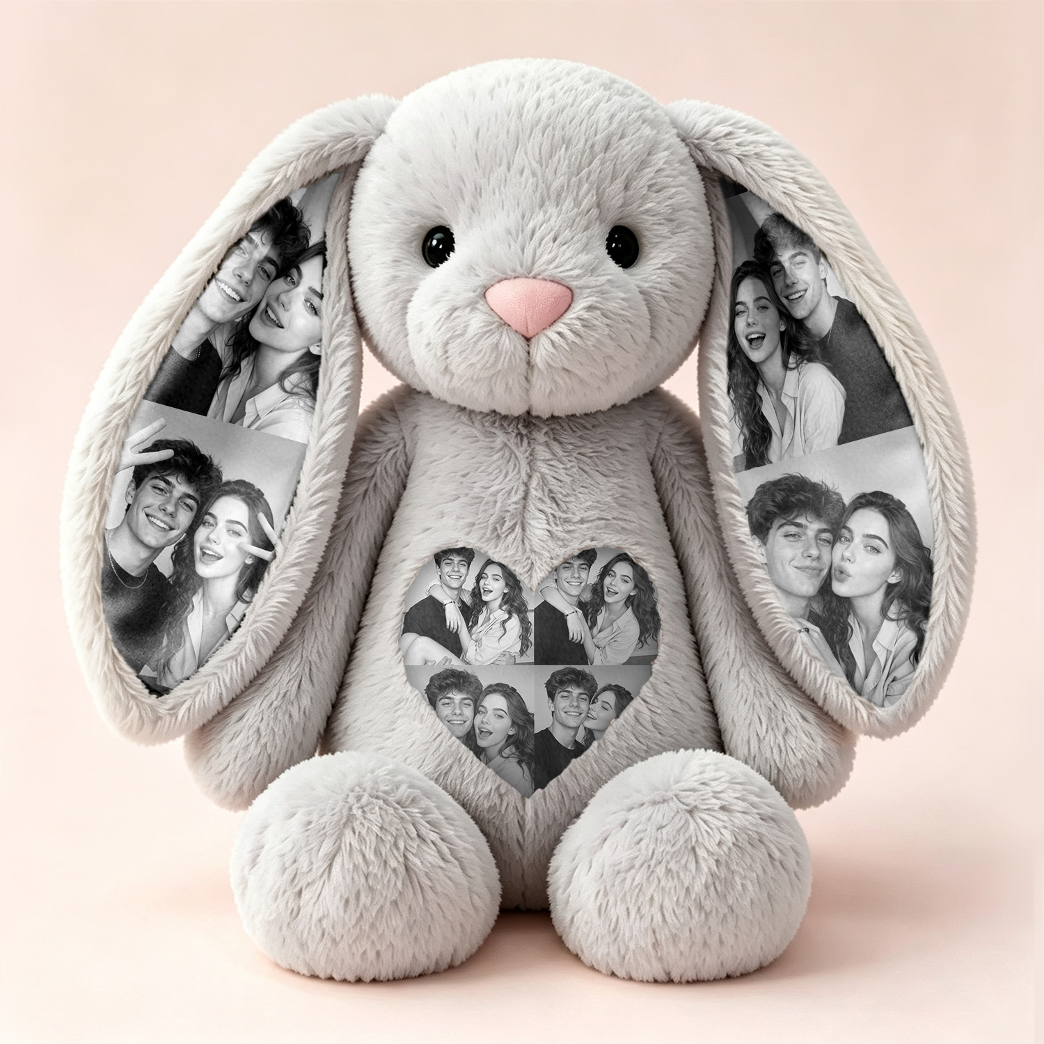 Peluche Lapin Personnalisée avec Photos Cachées dans les Oreilles – Cadeau Unique pour Couple, Anniversaire, Fête des Mères