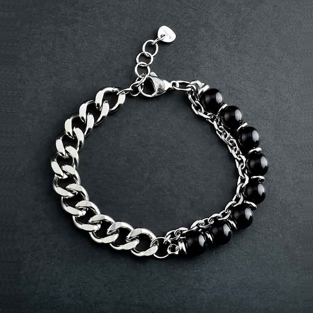 Bracelet Pour Hommes, Chaîne, Perles Noires Givrées, Cadeau Pour Petit Ami - soufeelfr