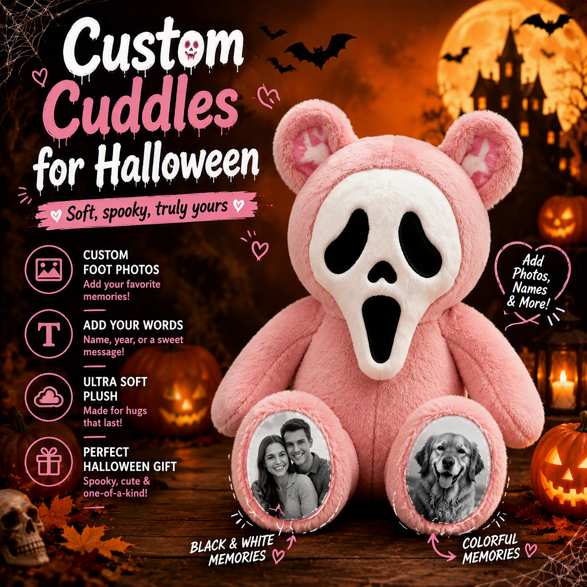Photo Personnalisée Ours Fantôme En Peluche, Ours En Peluche Personnalisé Pour Halloween, Visage Fantôme Effrayant, Animal En Peluche, Cadeau De Patte Photo De Couple - soufeelfr