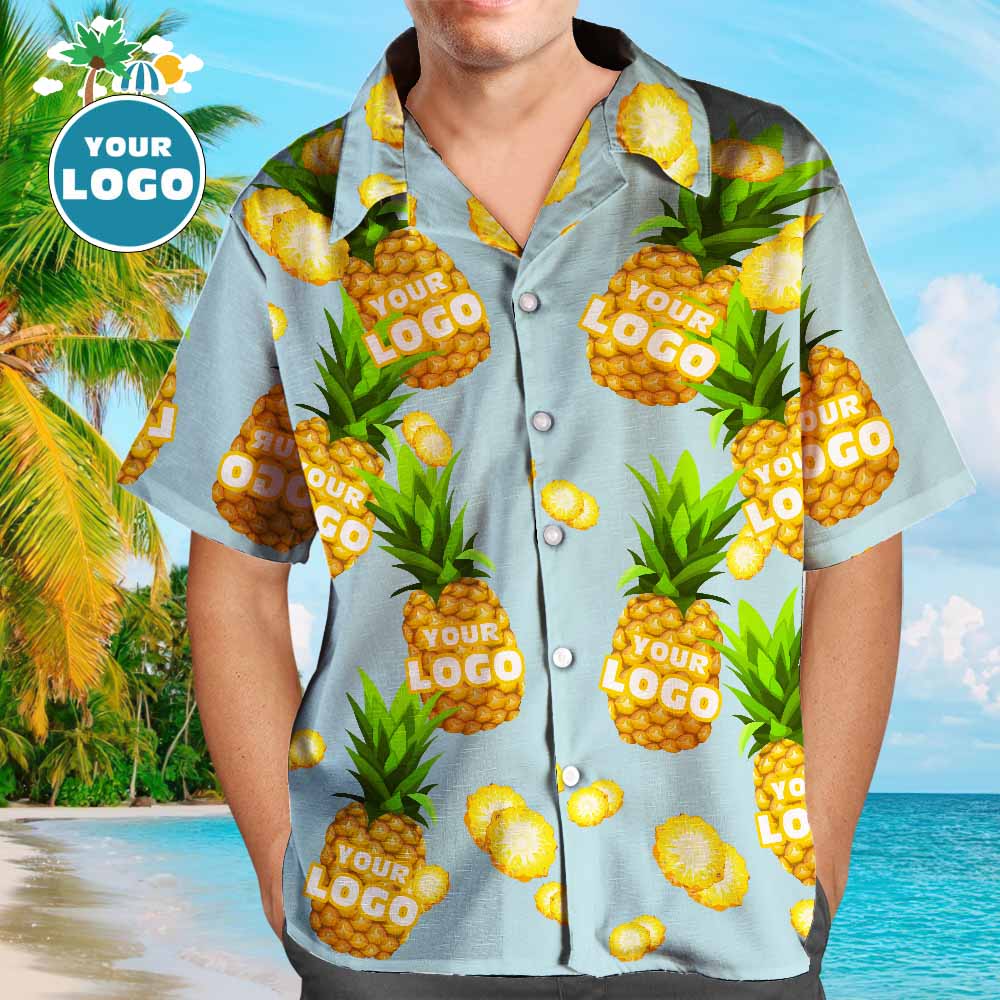 Chemises Hawaïennes Avec Logo Personnalisé, Chemise De Plage Aloha Personnalisée Avec Ananas Drôle Bleu Pour Hommes