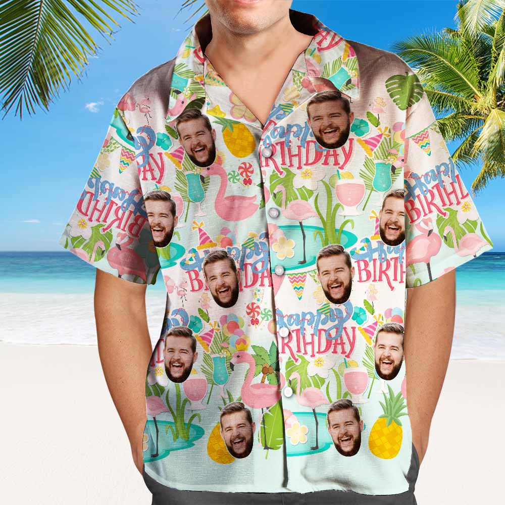 Chemise Hawaïenne Personnalisée Joyeux Anniversaire, Chemise À Visage Personnalisée Pour Fête Flamingo
