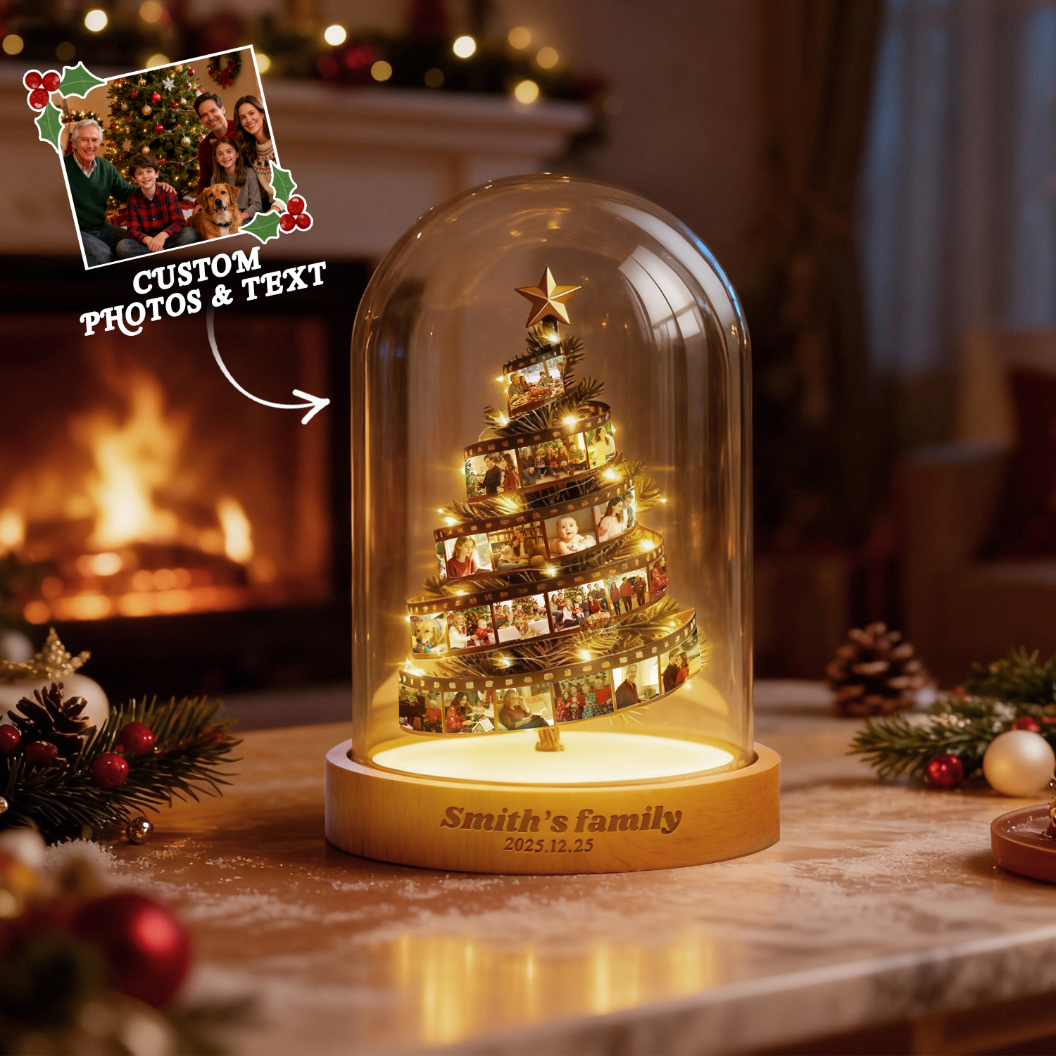 Veilleuse Sapin De Noël Personnalisée Avec Film Photo Et Socle Gravé, Lampe Souvenir Familiale, Cadeau De Noël - soufeelfr