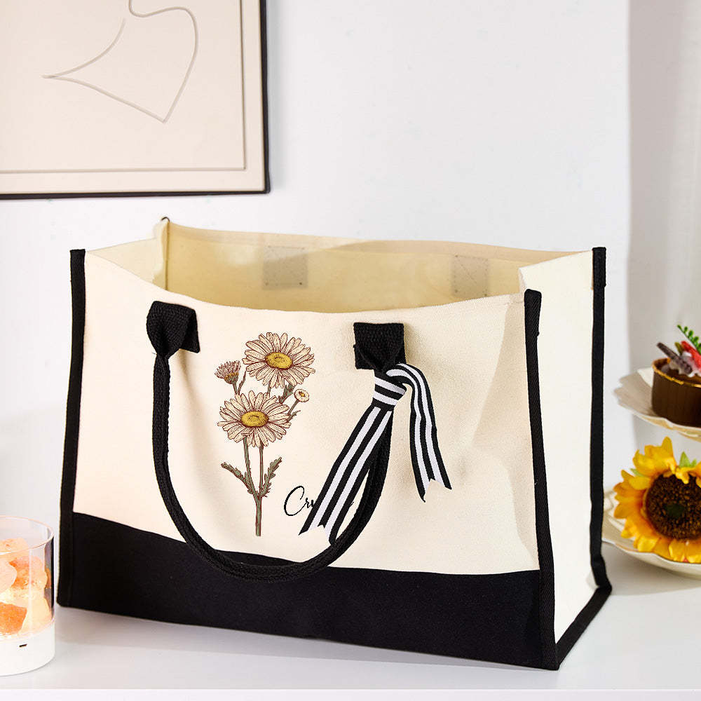 Sac Fourre-tout Personnalisé En Toile De Fleur De Naissance, Sac Fourre-tout De Plage De Grande Capacité, Cadeau Pour Elle - soufeelfr