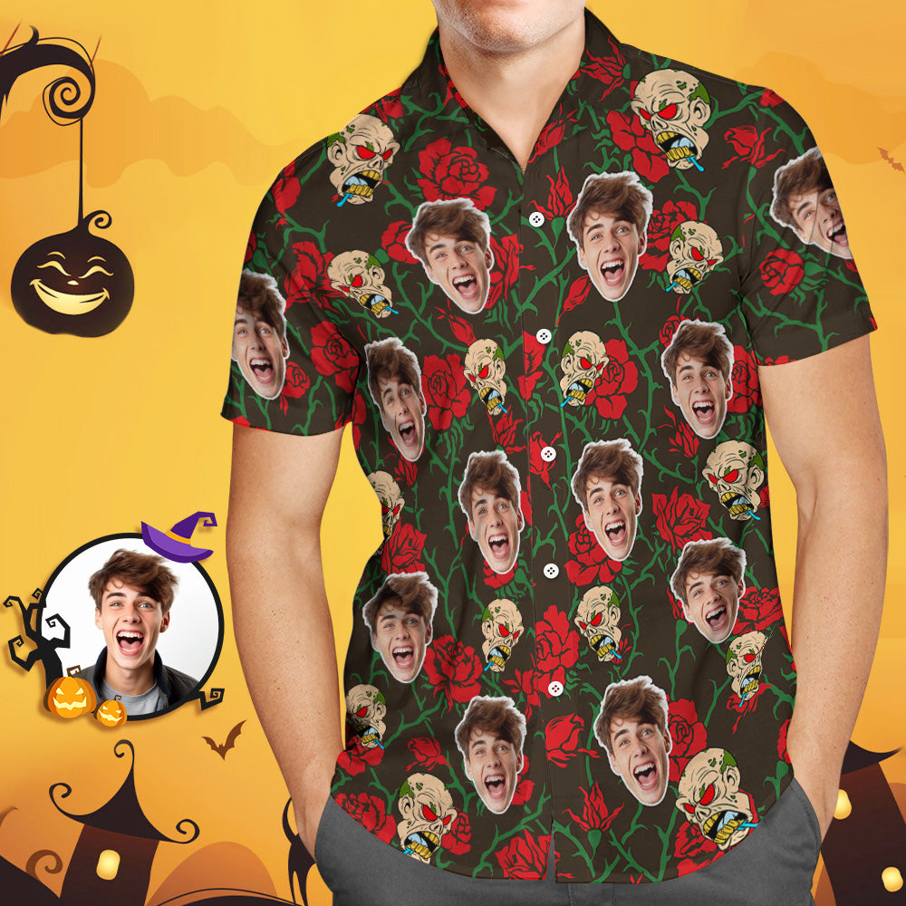 Chemise Hawaïenne Personnalisée Avec Visage Drôle, Chemise Photo D'halloween, Cadeau Dramatique D'halloween Rose Et Grimace - soufeel