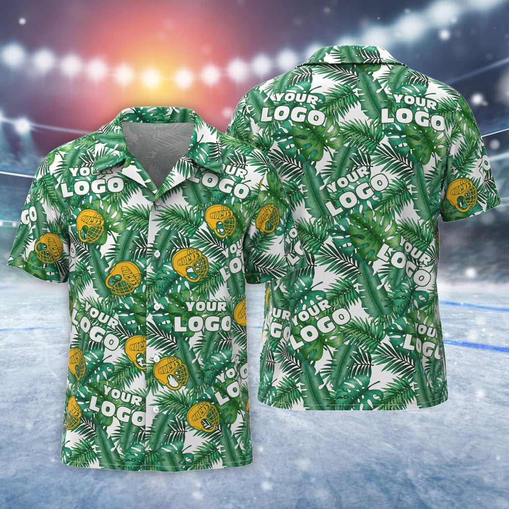 Chemise Hawaïenne Avec Logo Personnalisé Pour Hommes, Chemise Aloha Imprimée Sur Toute L'équipe, Casque Jaune De Hockey Sur Glace Tropical