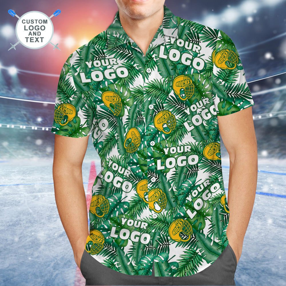 Chemise Hawaïenne Avec Logo Personnalisé Pour Hommes, Chemise Aloha Imprimée Sur Toute L'équipe, Casque Jaune De Hockey Sur Glace Tropical