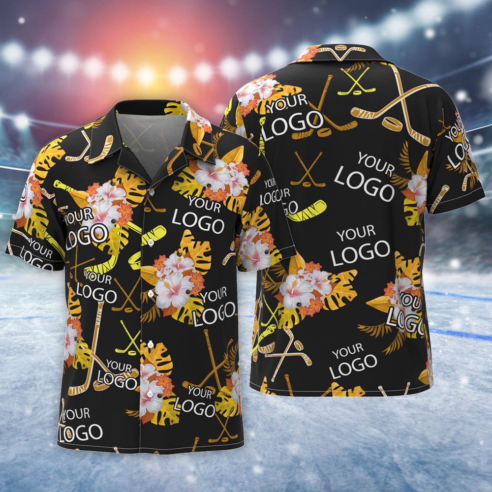 Chemise Hawaïenne Avec Logo Personnalisé Pour Hommes, Chemise D'équipe Aloha Imprimée Sur Tout Le Pourtour, Hockey Tropical Noir Et Jaune