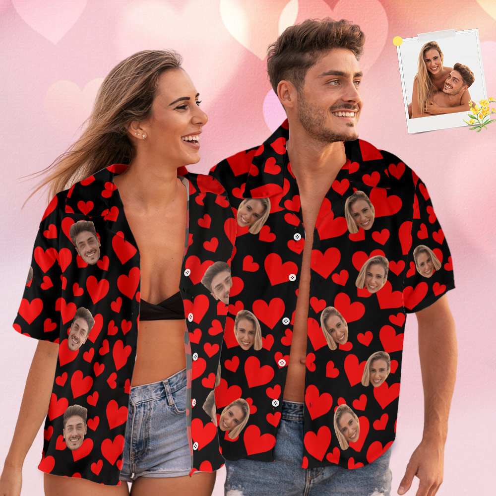 Chemise Hawaïenne Avec Visage Personnalisé, Chemise Tropicale Flamant Rose, Tenue De Couple, Cœurs Rouges, Cadeaux De Saint-valentin Pour Couple