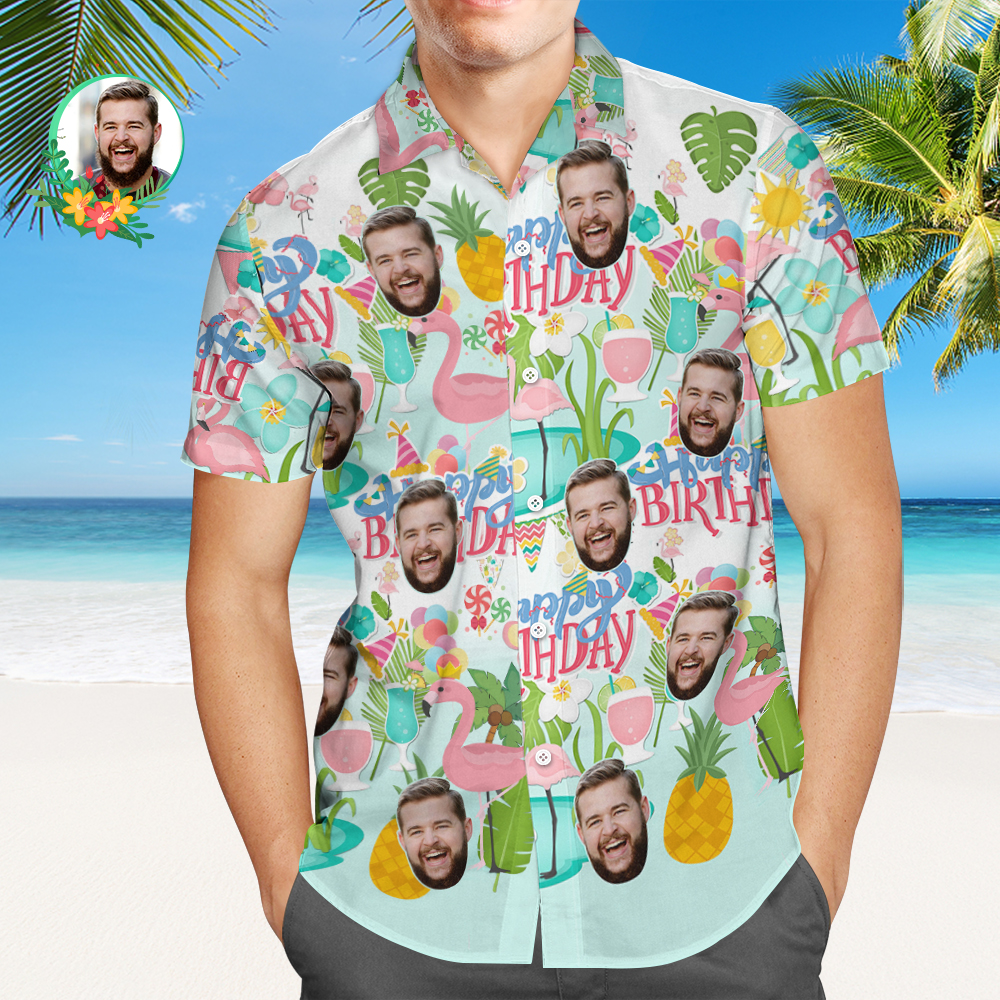Chemise Hawaïenne Personnalisée Joyeux Anniversaire, Chemise À Visage Personnalisée Pour Fête Flamingo