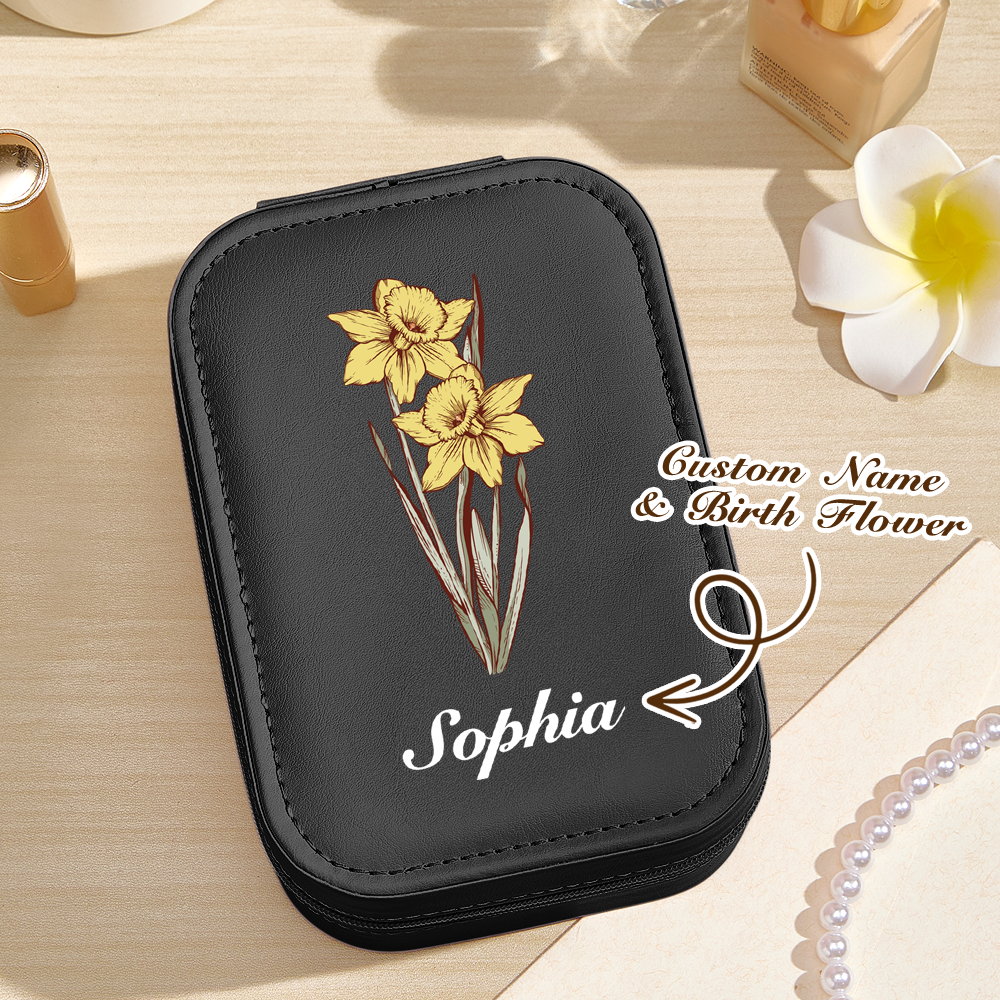 Boîte À Bijoux En Cuir Avec Fleur De Naissance Personnalisée, Avec Miroir De Maquillage Led, Cadeau D'anniversaire Pour Elle - soufeelfr