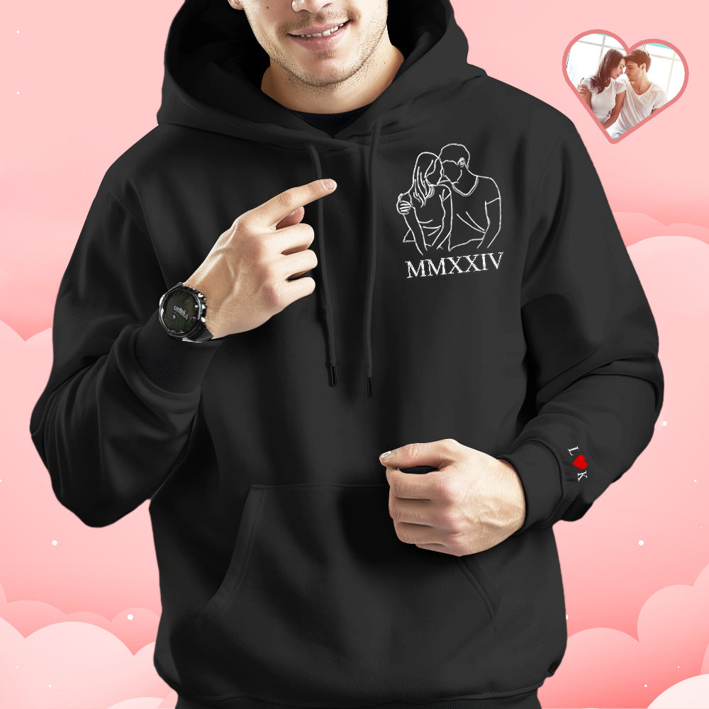 Sweat À Capuche Avec Contour Photo Brodé Personnalisé, Sweat-shirt Avec Chiffres Romains, Cadeaux Pour Couples - soufeelfr