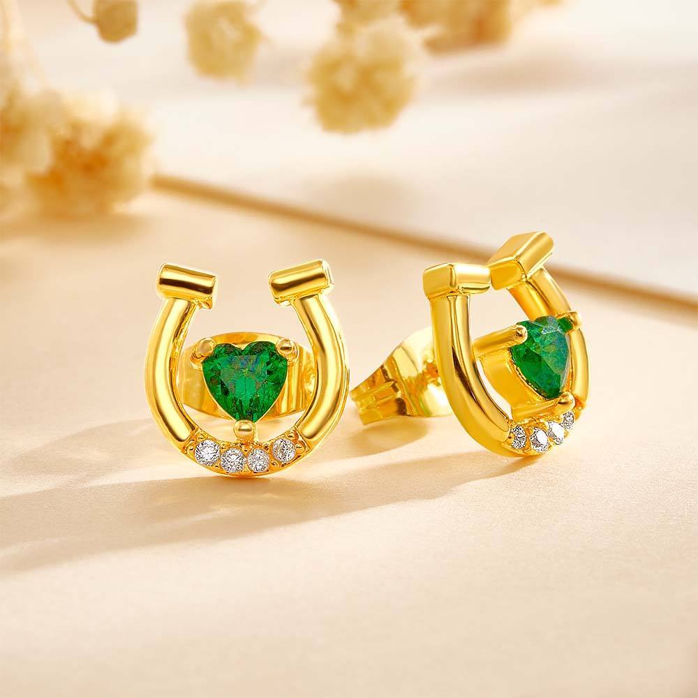Boucles D'oreilles Personnalisées En Forme De Fer À Cheval Avec Pierre De Naissance En Forme De Cœur Et Cadeau En Zircon Pour Les Amateurs De Chevaux - soufeelfr