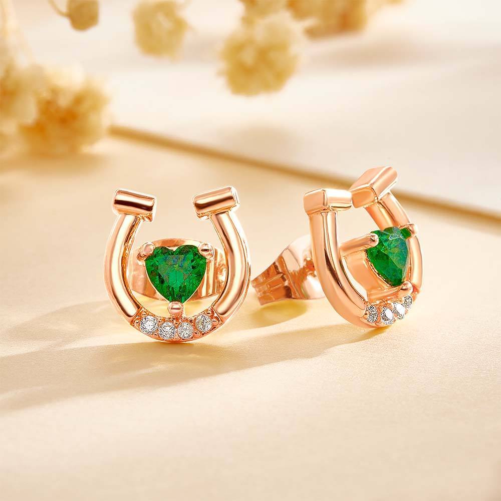 Boucles D'oreilles Personnalisées En Forme De Fer À Cheval Avec Pierre De Naissance En Forme De Cœur Et Cadeau En Zircon Pour Les Amateurs De Chevaux - soufeelfr