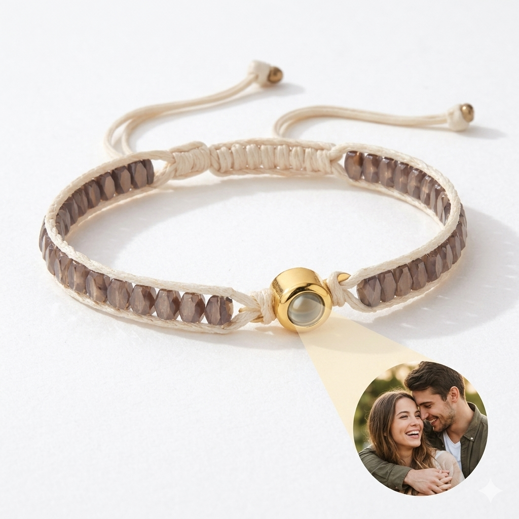 Bracelet Photo Personnalisé Avec Perles De Cristal Étincelantes Et Cordon Tressé Ajustable - Cadeau Unique - soufeelfr